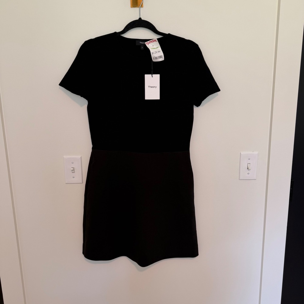 Theory Womens Mixed Media Knit Bodice Mini Dress Black Short Sleeve Size M NWT